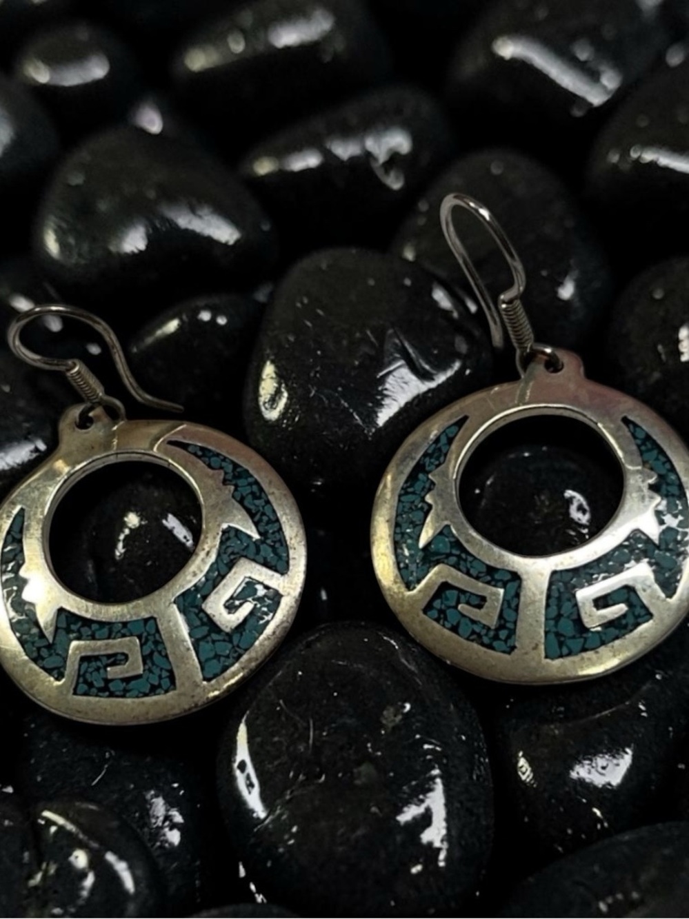 Vintage Taxco Mexico Turquoise Inlay Silver Hoop Drop Earrings